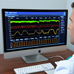 **A doctor analyzing an EEG readout of brainwaves on a computer screen, highlighting the potential for diagnosing epilepsy and sleep disorders.** (Focus: Medical Applications)