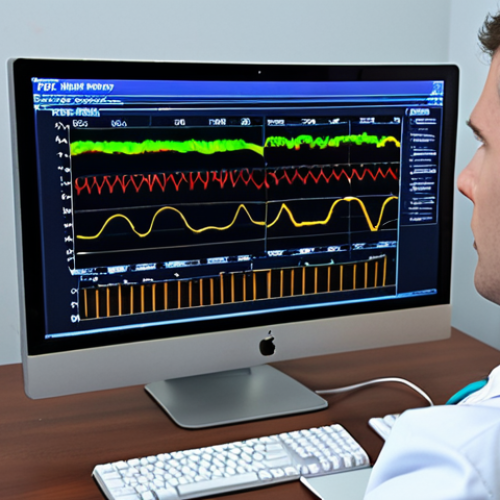 Home 15 **A doctor analyzing an EEG readout of brainwaves on a computer screen, highlighting the potential for diagnosing epilepsy and sleep disorders.** (Focus: Medical Applications)