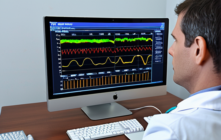 **A doctor analyzing an EEG readout of brainwaves on a computer screen, highlighting the potential for diagnosing epilepsy and sleep disorders.** (Focus: Medical Applications)