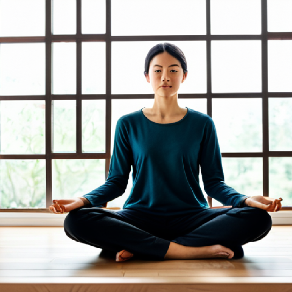 A serene adult individual, fully clothed in modest, comfortable attire, seated peacefully in a bright, minimalist meditation room. Soft, diffused natural light filters through a large window, with a few calm-inducing plants and a smooth, wooden floor. The overall atmosphere conveys tranquility and mental clarity, associated with Alpha brain waves. perfect anatomy, correct proportions, natural pose, well-formed hands, proper finger count, natural body proportions, professional photography, high quality, safe for work, appropriate content, fully clothed, modest clothing, family-friendly.