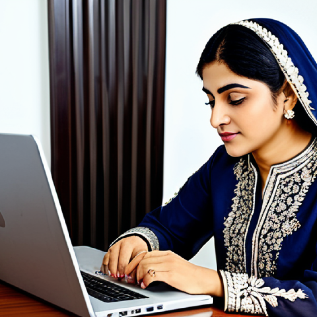 **

"A successful Pakistani businesswoman, fully clothed in a traditional shalwar kameez with intricate embroidery, working on a laptop in a modern office in Karachi, safe for work, appropriate attire, professional, perfect anatomy, natural pose, high quality, well-formed hands, proper finger count, family-friendly."

**
