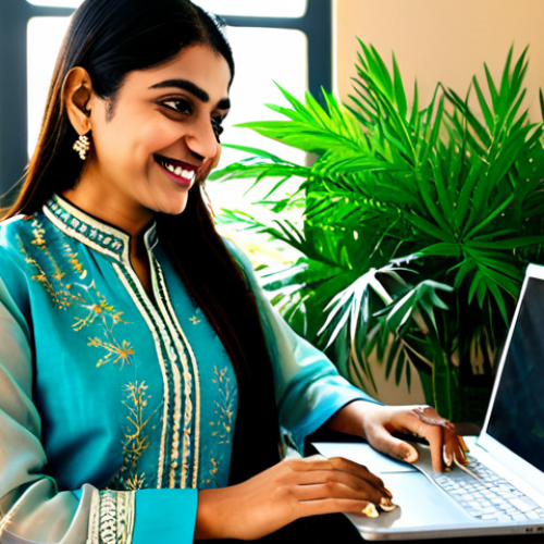 Home 19 **
"A Pakistani woman, fully clothed in a beautifully embroidered Shalwar Kameez, working at a laptop in a modern, sunlit office in Karachi. She is smiling gently. The background features traditional Pakistani artwork and plants. Safe for work, appropriate content, modest clothing, perfect anatomy, natural proportions, professional, high-quality digital art, family-friendly."
**